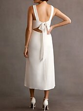 abordables Robes de Mariée-Fiançailles Petites Robes Blanches Robes de mariée Ligne A Col en V Sans manches Longueur thé Tissu Extensible Robes de mariée Avec Noeud(s) Devant Fendu 2025