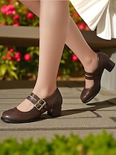 abordables Années 1950-Escarpins Mary Jane en similicuir marron pour femme – Chaussures vintage des années 1950 à talon bas et double bride à boucle, idéales au quotidien ou pour le bureau