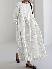 preiswerte Blumenkleid-Damen Midikleid Sommerkleid A Linie Kleid Urlaub Lässig Strand Ferien Lässiger Schnitt Blumen Grafik Langarm Rundhalsausschnitt U-Boot-Ausschnitt Weiß Sahne Rosa Khaki Sommer Frühling Herbst