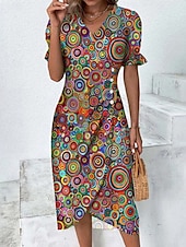 abordables Robe Rayée et Géométrique-Femmes Robe Midi Robe fourreau Robe Portefeuille Occasionnel Quotidien Fête Coupe Ample Graphique Géométrique Manche Courte Col en V Bleu Fuchsia Orange Bleu de minuit Été Printemps