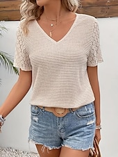 abordables T-shirt uni-Femmes T-shirt Uni Mode Moderne Occasionnel Manche Courte Col en V Hauts Réguliers Quotidien Week-end Œillet Beige Été