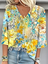billiga Kvinnors Konst &amp; Design Toppar-Dam Blus Grafisk Geometrisk Elegant Stylish Ledigt 3/4 ärm V-hals Vanliga toppar Dagligen Helgdag Utekväll Mönster Gul Blå Sommar Vår