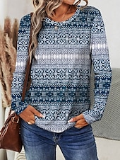 billige Boho t-skjorte-Dame T skjorte Grafisk Geometrisk Stilfull Fritid trendy Langermet Crew-hals Vanlige topper Daglig Helg Trykt mønster Rosa Blå Sommer Høst