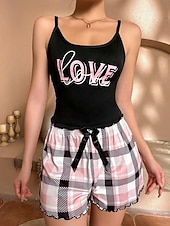  Dames Pyjamaset Casual Comfortabel Hart Raster / Plaid Brief Elastische taille Strap Top Korte broek Huis Dagelijks Mouwloos hihnat Zwart Wit Goud Bruin Zomer Normale pasvorm