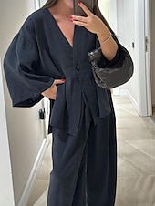 abordables Ensembles chemisiers pour femmes-Femmes Quotidien Basique Ensembles de Pantalons manche longue Col en V Uni Occasionnel Quotidien Noir bleu marine Fuchsia Été énorme