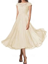 billiga Te Längd-A-linjeformad bröllopsfestmammas klänning elegant enkel krage ankellängd chiffon kort ärm med veck solid färg