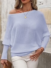 ieftine Culori Solide-Pentru femei Pulover Plover Șic Stradă Casual Culoare solidă Striat De Pe Umăr Tricotat Manșon Lung Topuri obișnuite Tricotat Ieșire Sfârșit de săptămână Alb Mov Toamnă