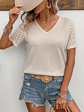 abordables T-shirt uni-Femmes T-shirt Uni Mode Moderne Occasionnel Manche Courte Col en V Hauts Réguliers Quotidien Week-end Œillet Beige Été