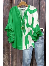 economico Top d&#039;Arte e Design per Donne-Per donna Blusa Floreale Grafico Geometrico Bohemien Vintage Quotidiano Manica 3/4 Manica a Volant Scollo a V Top Regolari Quotidiano Ferie Abbigliamento da vacanza Volant Stampato Nero Rosa Blu