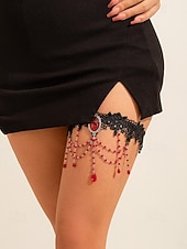 levne Halloweenské doplňky-Dámský gotický vintage krajkový řetízek na stehno s červeným krystalovým řetízkem - elastické šperky na stehna pro halloweenské párty, cosplay a vintage příležitosti
