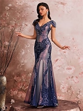 levne Polos formální / Koktejl-Mořská panna  Trumpet Šaty k Quinces Elegantní Šaty Formální Svatební Délka k podlaze Krátké rukávy V krku Polyester s flitry