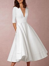 economico Abiti bianchi-Abiti da Matrimonio Semplici in Spiaggia A-Line Collo a V Senza Maniche Strascico Corto Satin Abiti da Sposa con Pieghe per impressionare 2025