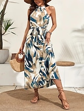 abordables Robes Boho-Femmes Robe maxi Robe trapèze Occasionnel Extérieur Sortir Coupe régulière Fleuri Sans manches Col Halter Rose Claire Bleu Marron Abricot Été
