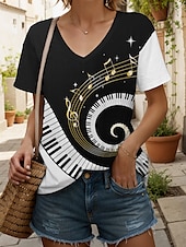 billige Stripe og geometrisk t-skjorte-musikk festival Dame T skjorte Grafisk Geometrisk Årgang Stilfull Klassisk Kortermet V-hals Vanlige topper Daglig Ut på byen Strand Klær Trykt mønster Svart og Hvit Hvit / Svart Sommer Vår