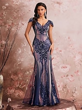 levne Polos formální / Koktejl-Mořská panna  Trumpet Šaty k Quinces Elegantní Šaty Formální Svatební Délka k podlaze Krátké rukávy V krku Polyester s flitry