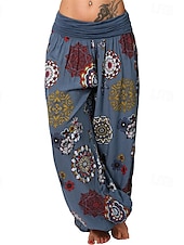 baratos perna larga e cintura alta-Mulheres Calças Calças Harem Calça Palazzo Moda Boho Comprimento total Cintura Média Imprimir Cintura elástica Confortável Micro-Elástica Rua Roupa Diária Para Noite Preto Branco Amarelo Rosa claro