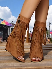 abordables Sandalias de Vacaciones-Botas de cuña con punta abierta de ante con flecos para mujer, con cremallera y detalle de candado: estilo bohemio para festivales, conciertos de música y eventos al aire libre.
