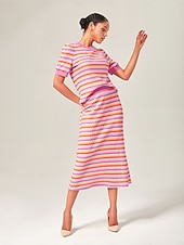 cheap Skirts-Orange Knitted Stretch Color Block Skirt