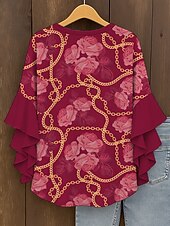 billige Blomstrete topper-Dame Bluse Blomstret Grafisk Elegant Daglig Fritid 3/4 ermer V-hals Vanlige topper Daglig Ferie Trykt mønster Gul Rød Blå Lilla Grønn Sommer Vår Høst