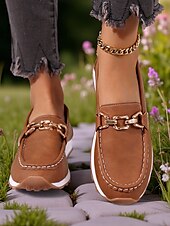 cheap Women&#039;s Slip-Ons &amp; Loafers-Women&#039;s Loafers with Gold Buckle – Casual Slip-On Flat Shoes for Garden Walks, Brunch &amp; Everyday Errands