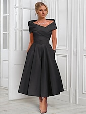 cheap Cocktail Dresses-A-Line Cocktail Dresses Elegant Dress Formal Wedding Tea Length Midi Length Sleeveless Adjustable Cover Buttons Off Shoulder Satin with Pleats