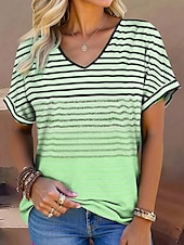cheap Stripe&amp;Geometric tee-Women&#039;s T Shirt Graphic Geometric Striped Stylish Modern Casual Short Sleeve V Neck Regular Tops Daily Print Pink Blue Purple Green Summer Spring