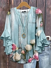 tanie Dzień Niepodległości Top-Amerykańska bluzka damska z grafiką lamparta boho vintage codzienna 3/4 długości rękaw falbaniasty dekolt w kształcie litery V regularne topy codzienny urlopowy strój nadruk żółty jasnozielony różowy