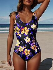 billiga One-piece-baddräkter-Kvinnors Baddräkter En Del Monokini Baddräkter Rygglös Semester Strand Kläder Blommig Grafik U-hals Ärmlösa Baddräkter