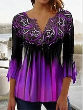 billiga Blommiga toppar-Kvinnors Blus V-hals Ombre Floral Graphic Elegant 3/4 Längd Ärm Vanliga Topp Daglig Ute Knappar Gräsgrön Svart och grå Blå Lila Grön Sommar Vår Höst