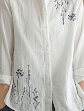 levne Košile-Dámská bavlněná lněná košile s potiskem rostlin elegantní vintage módní košile s dlouhým rukávem a límečkem běžné tílko denně na večer víkend vyšívaná bílá tmavě modrá jarní
