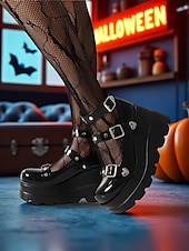 olcso 1980-as évek-női, 1980-as évekbeli fekete platform Mary Jane cipők csatokkal és szív alakú szegecsekkel – gótikus punk lolita stílus halloweenre, cosplayre és esti kiruccanásokra