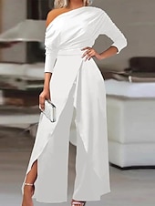 billiga Konst &amp; Design Jumpsuit-Dam Vanligt Jumpsuits Elegant Ensfärgat Långärmad Brett skaft kall axel Hög midja Semester Fest Normal Svart Vit Blå Sommar