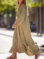 preiswerte Weißes Kleid-Damen Maxikleid A Linie Kleid Sommerkleid Lässig Täglich Normale Passform Einfach Langarm V Ausschnitt Schwarz Weiß Braun Grau Sommer