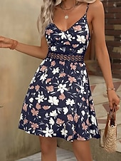 abordables Robes fleuries décontractées-Femmes Mini Robe Robe Fleurie Robe d&#039;été Robe Nuisette Robe Imprimée Classique Moderne Vacances Sortir Week-end Coupe régulière Fleur Sans manches Bretelles spaghetti Noir Bleu de minuit Été