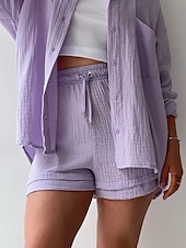 voordelige Korte sets voor dames-Dames Elegant Modieus Streetwear Katoenen linnen sets Lange mouw Overhemdkraag Effen Kleur Buiten Werk Casual Zwart Paars Oranje Zomer Ruim Passend
