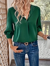 abordables Blusas Sencillas-Mujer Blusa Color sólido Elegante Básico Casual Manga 3/4 Cuello Camisero Tops regulares Oficina Trabajo Negro Vino Verde Trébol Verano Primavera Otoño