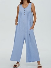 olcso alkalmi kombiné-Női Szabályos Jumpsuitek Utcai sikk Tömör szín Ujjatlan U-alakú Gombok Zseb Utca Napi Normál Fekete Sötétkék Medence Nyár