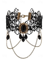 billige Halloween-tilbehør-Armbånd i gotisk blonde til dame med anheng og kjeder i svart edelsten, armbånd i vintage steampunk-stil til Halloween-kostymefest eller cosplay-tilbehør