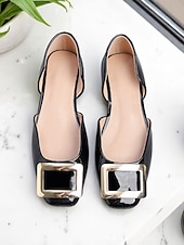 tanie Buty na płaskim obcasie damskie-damskie czarne lakierowane baleriny ze złotą klamrą, elegancki kwadratowy nosek, buty wsuwane do biura i na co dzień