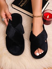 baratos Chinelos de mulher-chinelos femininos com tiras cruzadas e felpudas – chinelos macios e felpudos para ambientes internos, para quarto, spa em casa e noites aconchegantes