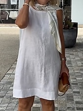 preiswerte Kleider aus Baumwolle und Leinen entwerfen-Damen Minikleid Freizeitkleid Klassisch Modern Urlaub Täglich Ferien Normale Passform Einfach Ärmellos Rundhalsausschnitt Schwarz Weiß Khaki Sommer