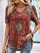 billige Boho t-skjorte-Dame T skjorte Grafisk Paisly Planter Bohem Årgang Mote Kortermet V-hals Vanlige topper Daglig Ut på byen Helg Trykt mønster Rødbrun Sommer Vår