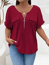 levne Trička nadměrná velikost-Dámské Plus velikost Topy Tričko Pevná barva Zip Kapsy Krátký rukáv Do V Módní Šik ven Na běžné nošení Denní Víkend Polyester Léto Podzim Světlá růžová Fialová