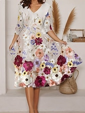 abordables Robes fleuries-Femmes Robe Midi Robe trapèze Vacances Occasionnel Sortir Coupe régulière Fleuri Graphique manche longue Col en V Jaune Rouge Vert Beige Été