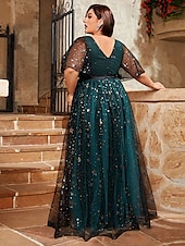 billiga GRÖN-A-Linje Kvällsklänning Elegant Klänning Formell Bröllop Golvlängd Kort Ärmm V-Neck Tyll med Fällningar
