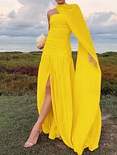 abordables JAUNE-Ligne A Robe de Soirée Élégant Robe Formel Mariage Longueur au sol Sans manches Épaules Dénudées Chiffon avec Froncé 2025
