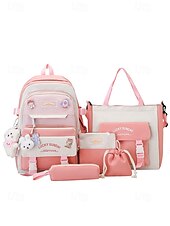 billiga Högskoleryggsäckar-5-i-1 skolryggsäcksset med plyschberlocker, lätt nylon, kawaii-stil, för flickor och tonåringar, perfekt för skolan och dagligt bruk
