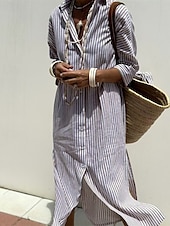 abordables concevoir des robes en coton et lin-Femmes Robe Midi Robes inspirées du lin Robe Chemise Robe Décontractée Mode Moderne Quotidien Plage Week-end Coupe régulière Rayé manche longue Col de chemise Rose Claire Marron clair Bleu Ét