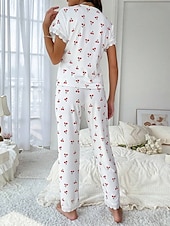 billiga Sovtoppar och underdelar till dam-Dam Pyjamas set Ledigt Komfort Körsbär Elastisk midja Skjorta Byxa Hem Dagligen Kortärmad V-hals Vit Sommar Vår Höst Normal