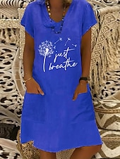 ieftine Rochii Boho-Pentru femei Rochii Midi Rochie de in Rochie casual Rochie Boho Rochie imprimata Elegant Modă Clasic Mâneci Bufante Vacanță Concediu Rochie de toamna Fit regulat Păpădie Manșon scurt În V Galben